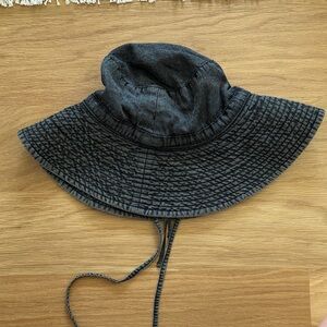 Wide Brim Sun Hat — Black Denim with Chin Tie